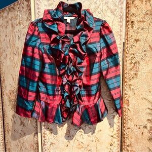 Boston Proper Red and Green Plaid Ruffle Peplum Blouse Size 12